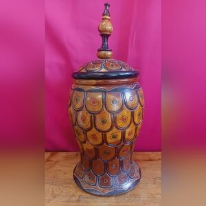 XL Hand Carved Wooden Lidded Jar Basket Finial Lid Tribal Boho Decor 21.5”